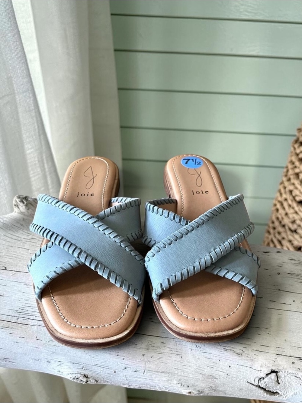 Joie Light Blue Leather Crossover Slide Mules
